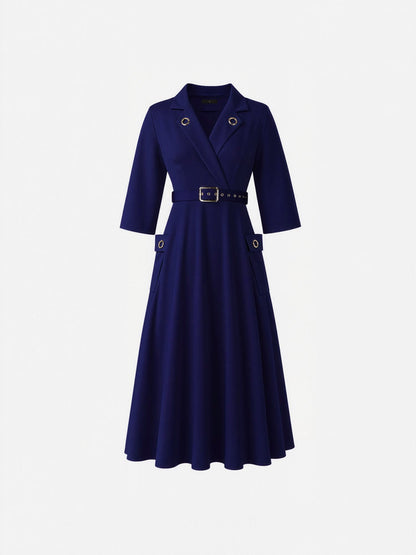 Notched Lapel Belted Pocketed Midi A-Line Dress
