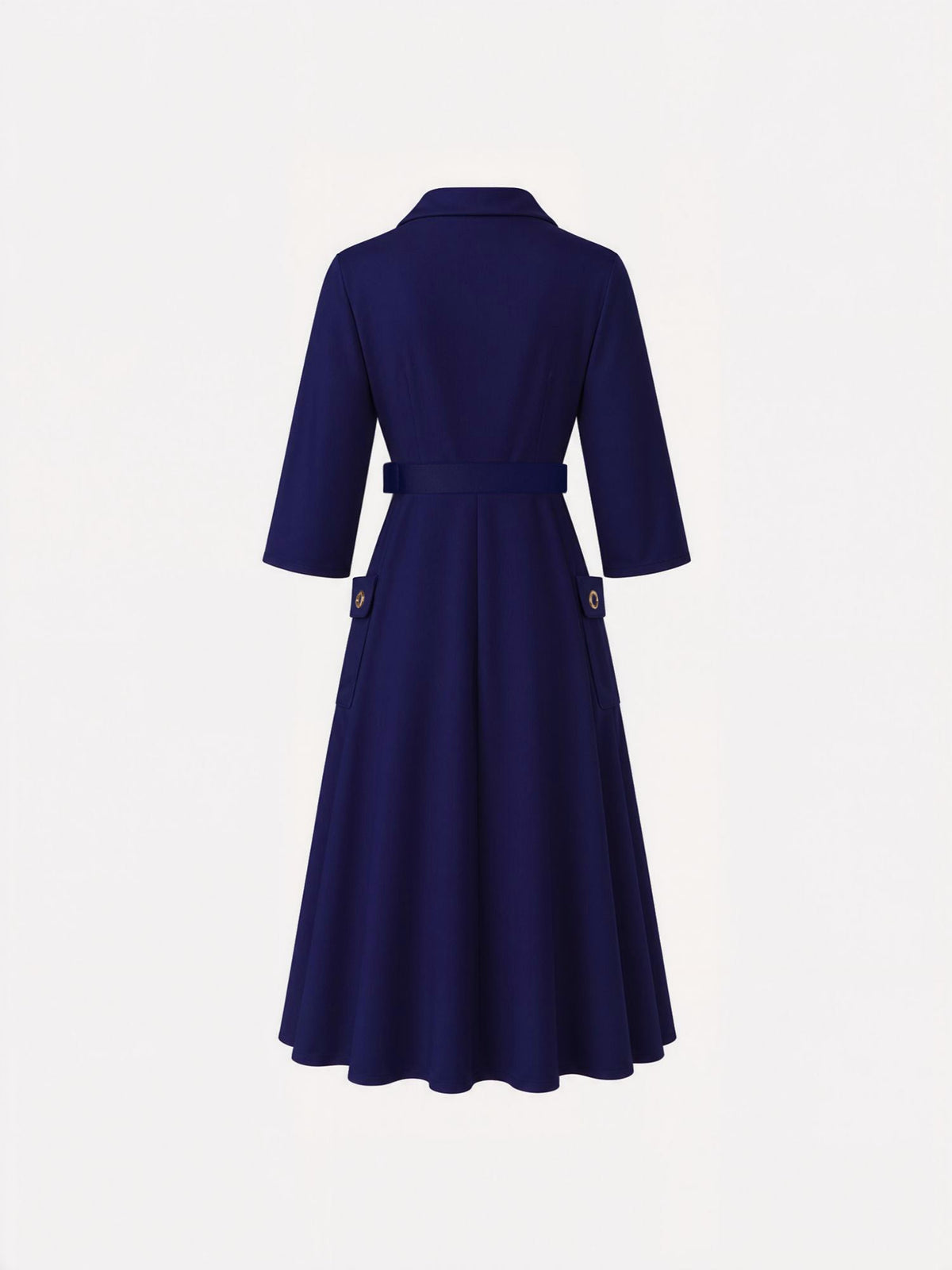 Notched Lapel Belted Pocketed Midi A-Line Dress