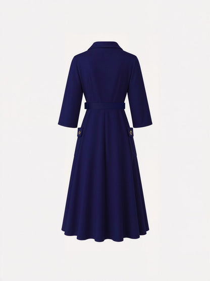 Notched Lapel Belted Pocketed Midi A-Line Dress