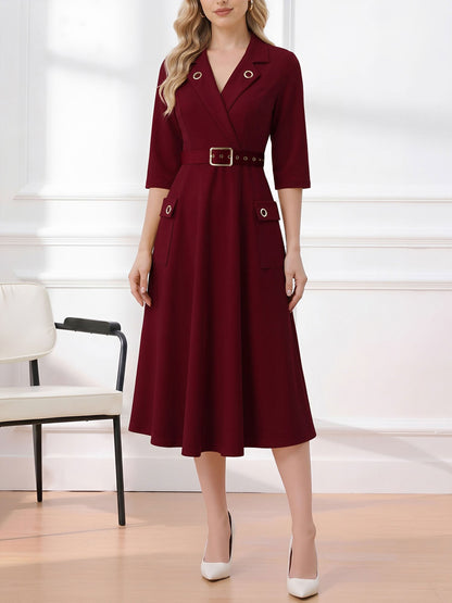 Notched Lapel Belted Pocketed Midi A-Line Dress