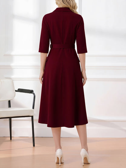 Notched Lapel Belted Pocketed Midi A-Line Dress