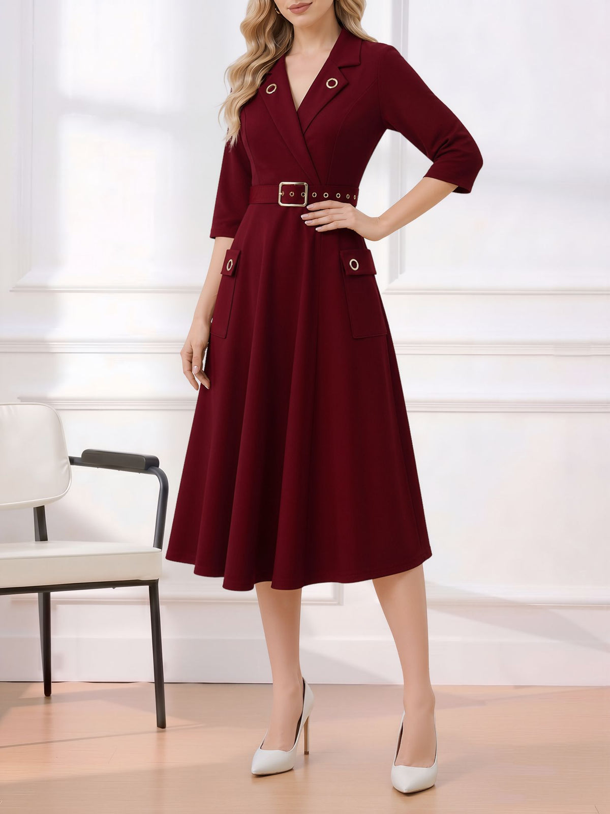 Notched Lapel Belted Pocketed Midi A-Line Dress