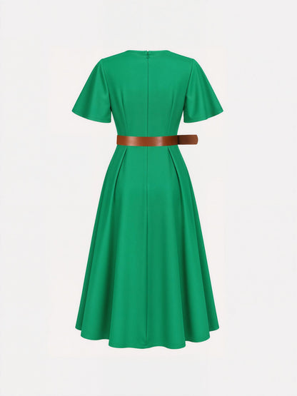 Flare Sleeves Pocketed Belted A-Line Midi Dress