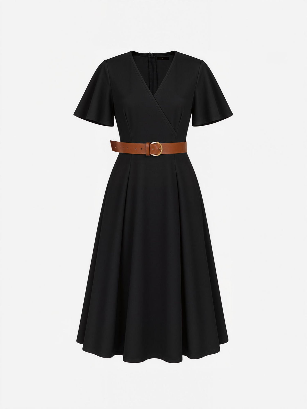 Flare Sleeves Pocketed Belted A-Line Midi Dress