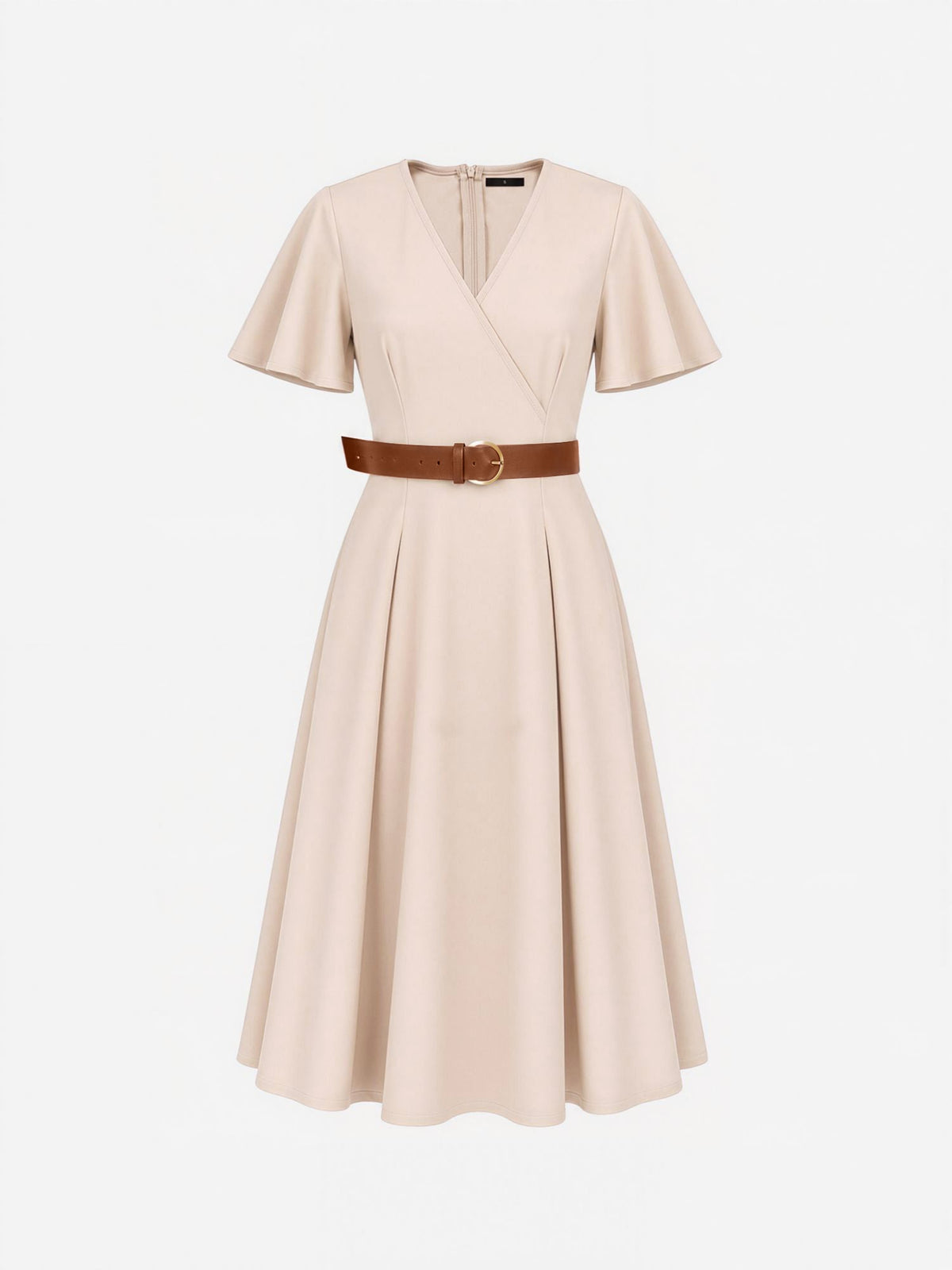 Flare Sleeves Pocketed Belted A-Line Midi Dress