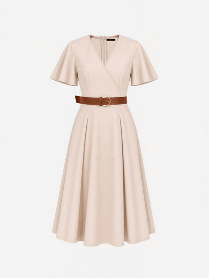 Flare Sleeves Pocketed Belted A-Line Midi Dress