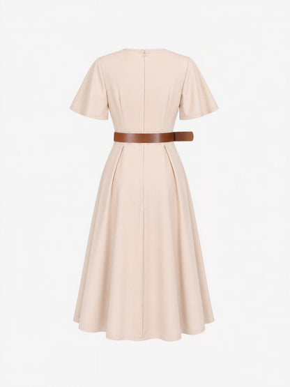 Flare Sleeves Pocketed Belted A-Line Midi Dress