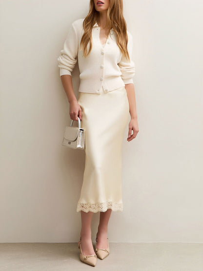 Lace Satin Elastic High Waist Midi Skirt