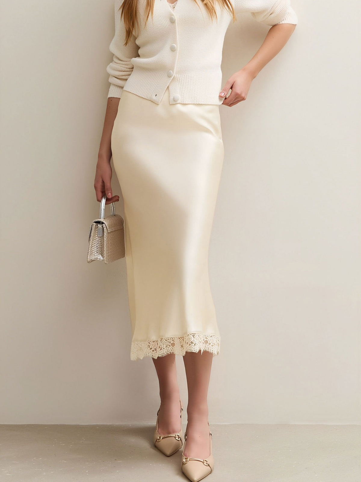 Lace Satin Elastic High Waist Midi Skirt