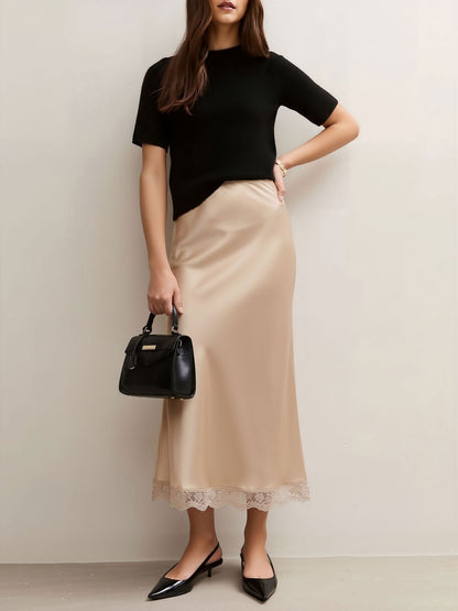 Lace Satin Elastic High Waist Midi Skirt