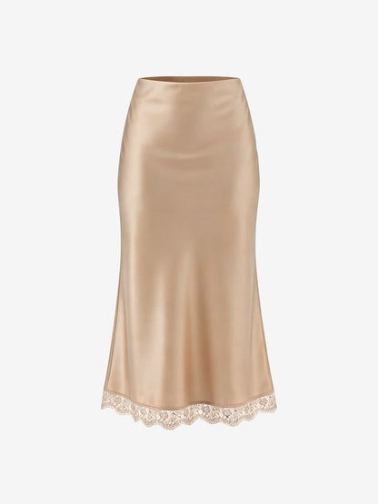 Lace Satin Elastic High Waist Midi Skirt