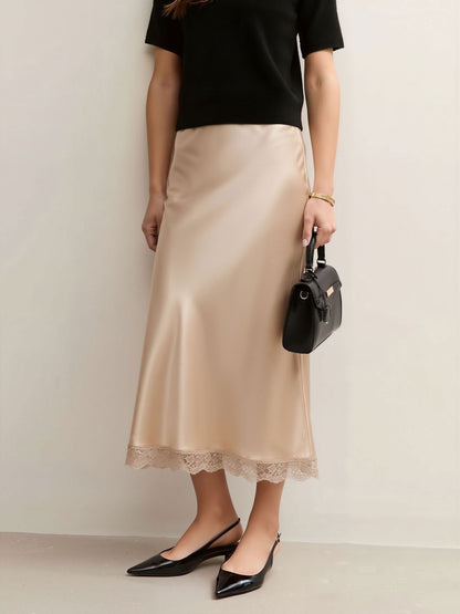 Lace Satin Elastic High Waist Midi Skirt
