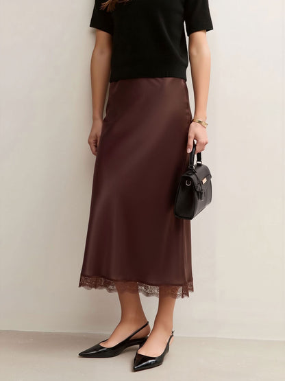 Lace Satin Elastic High Waist Midi Skirt