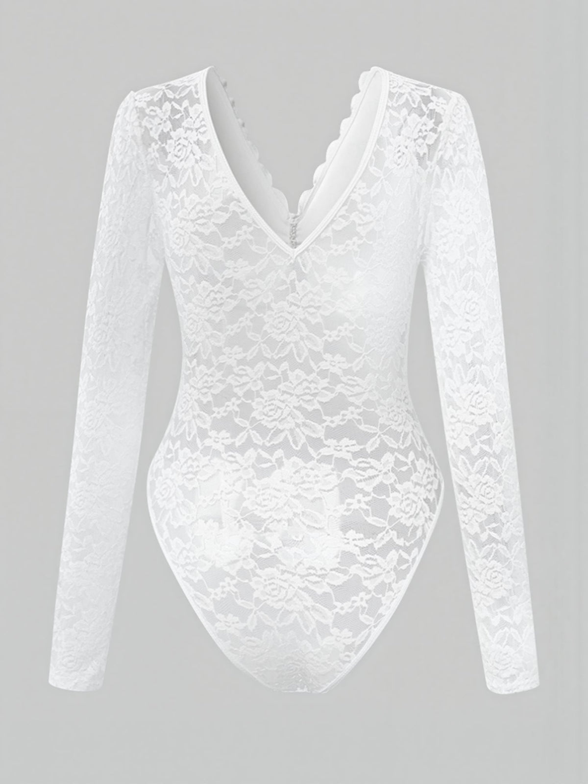 Solid Color Lace Long Sleeve Sheer Fitted Bodysuit