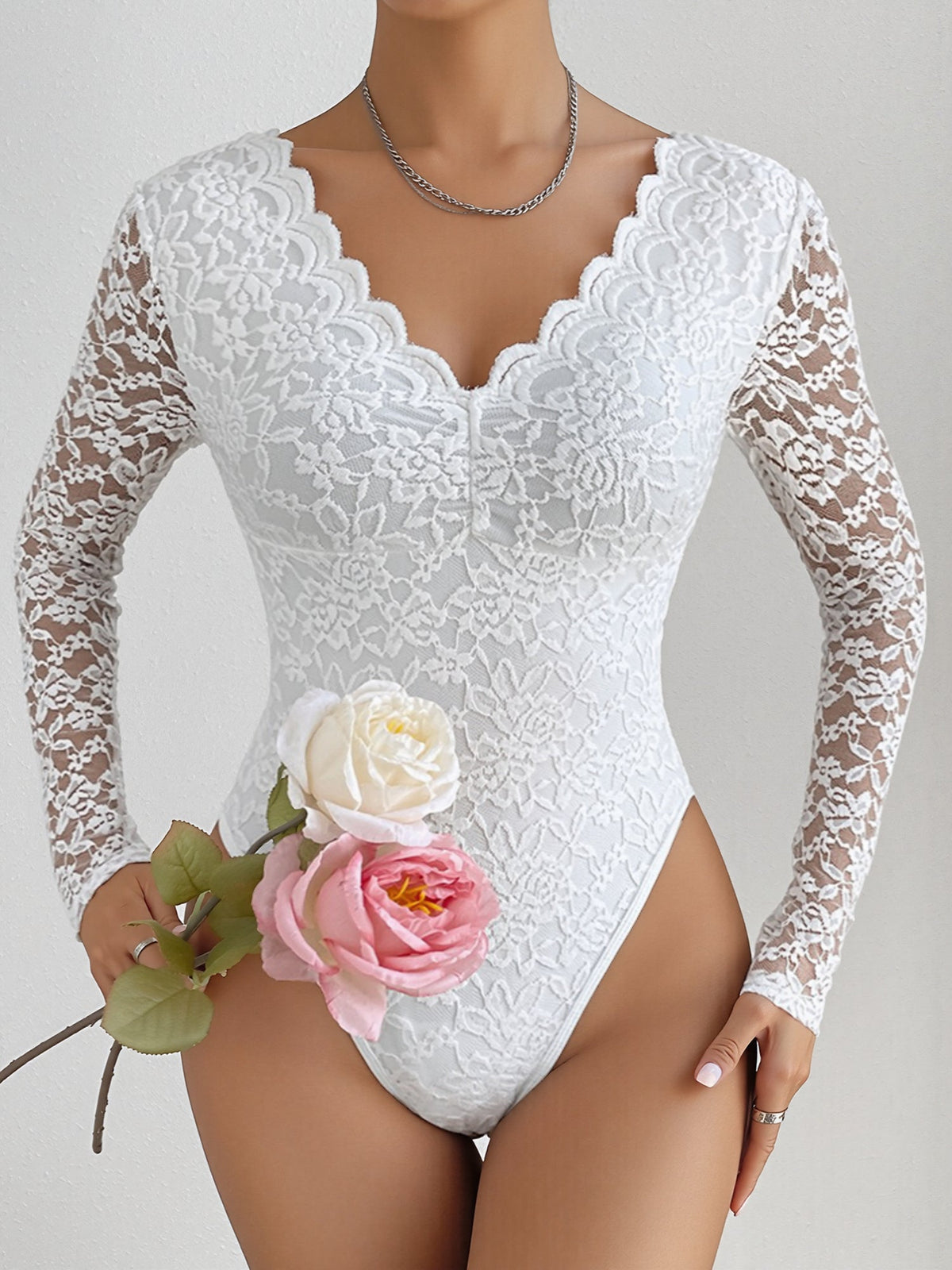 Solid Color Lace Long Sleeve Sheer Fitted Bodysuit