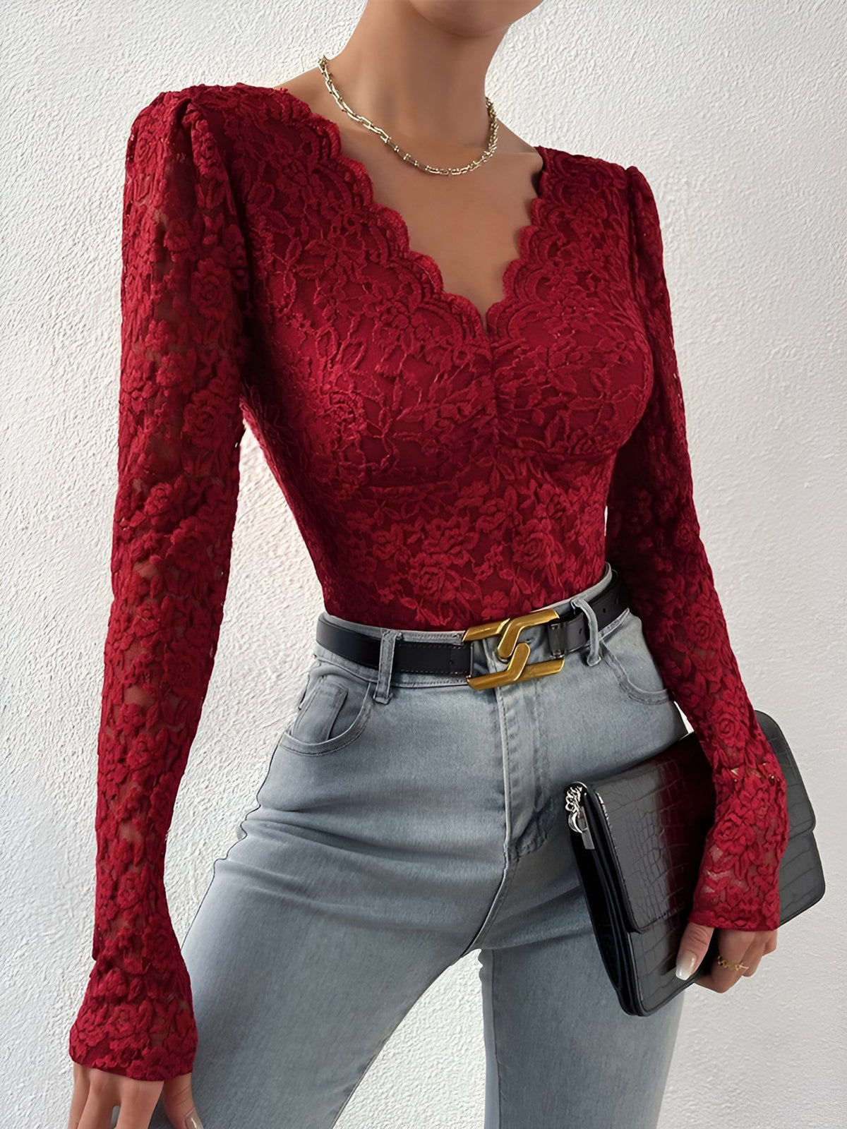 Solid Color Lace Long Sleeve Sheer Fitted Bodysuit