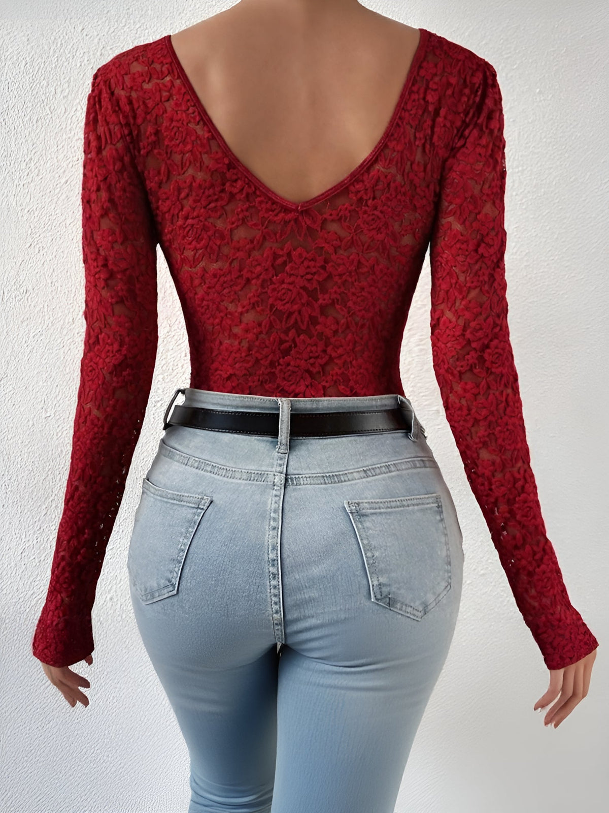 Solid Color Lace Long Sleeve Sheer Fitted Bodysuit
