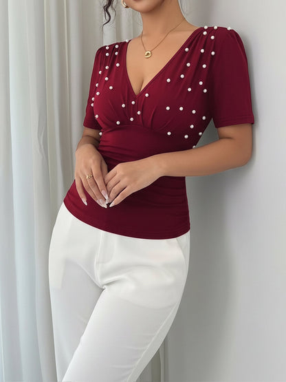 V Neck Ruched Faux Pearl Decor Short Sleeves Blouse