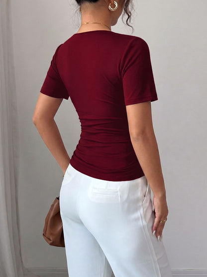 V Neck Ruched Faux Pearl Decor Short Sleeves Blouse