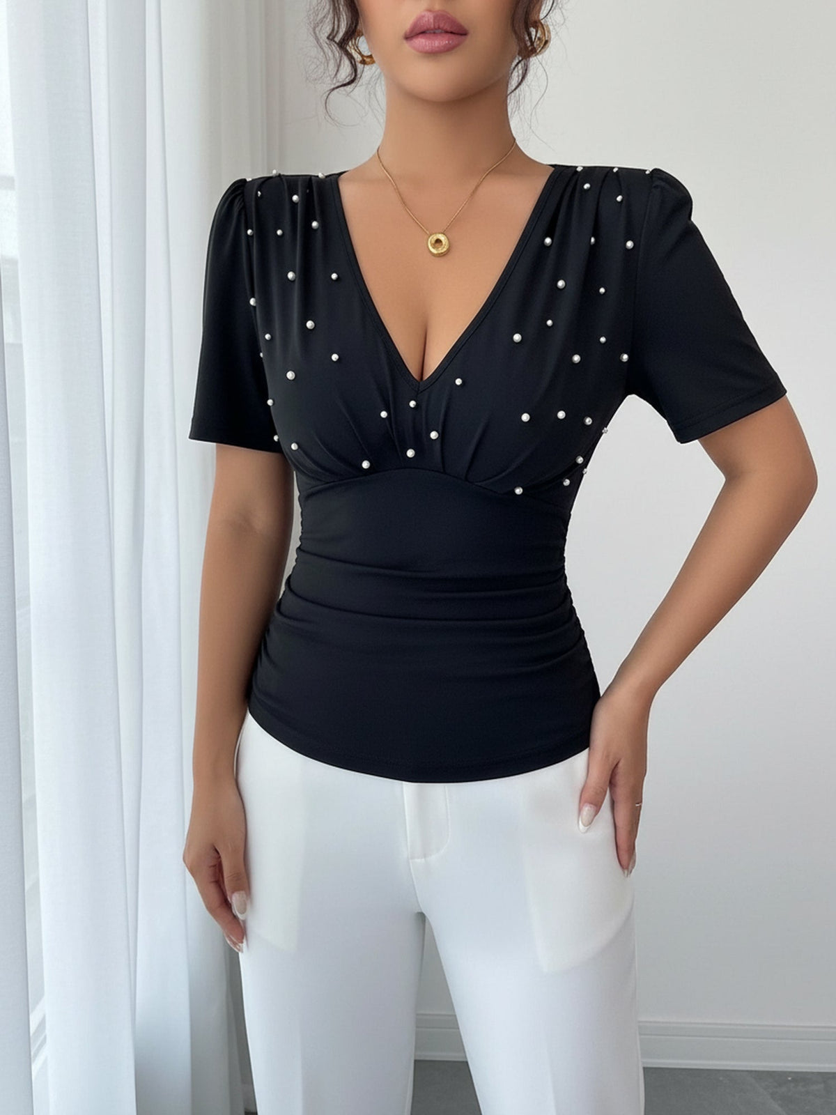 V Neck Ruched Faux Pearl Decor Short Sleeves Blouse
