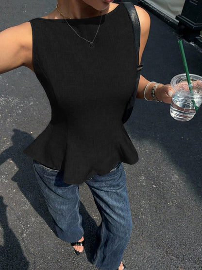 Sleeveless Ruffled Hem Bow Tie Back Blouse