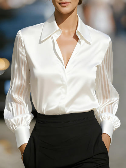Collared Satin Sheer Long Sleeves Work Blouse