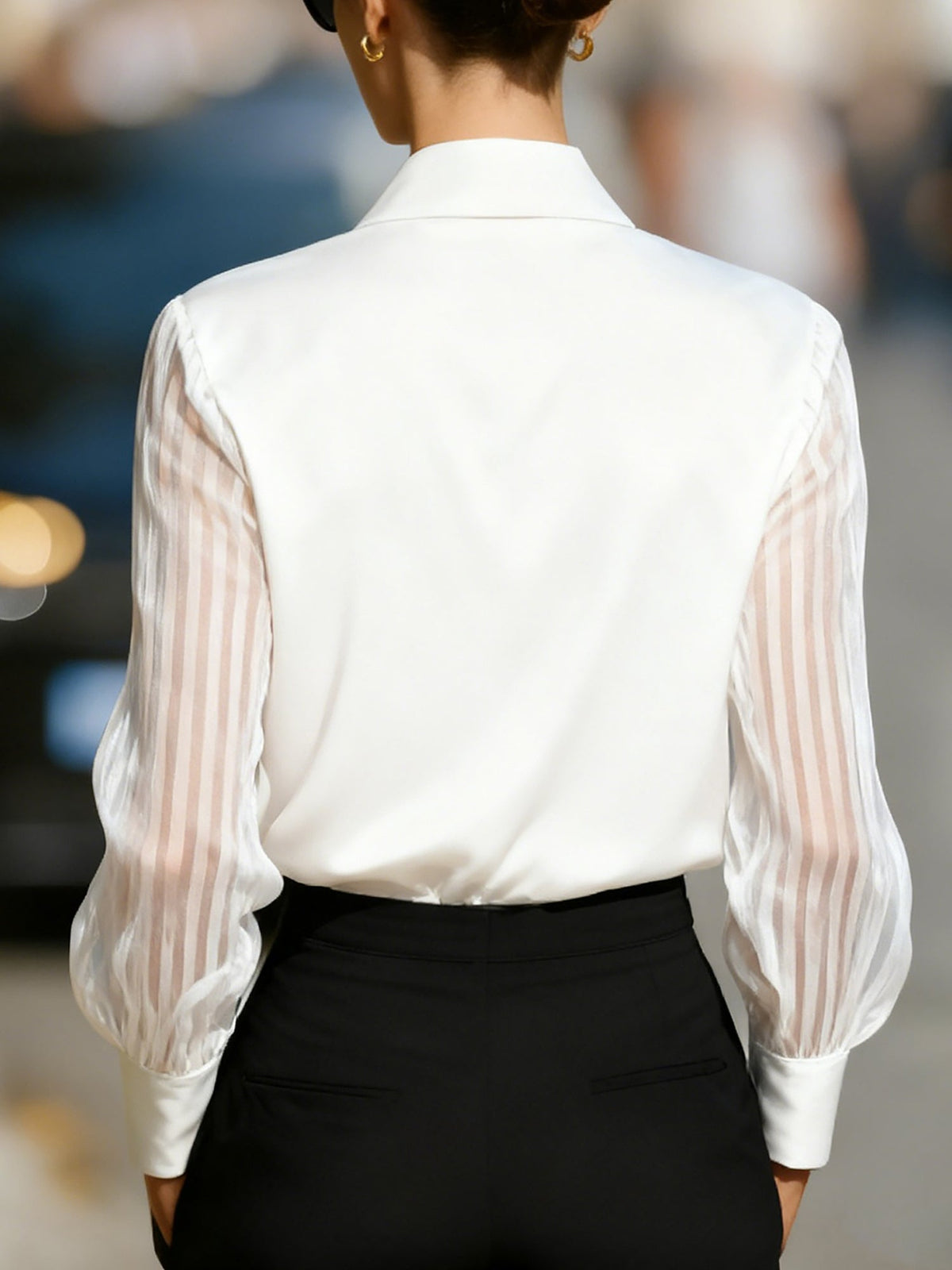 Collared Satin Sheer Long Sleeves Work Blouse