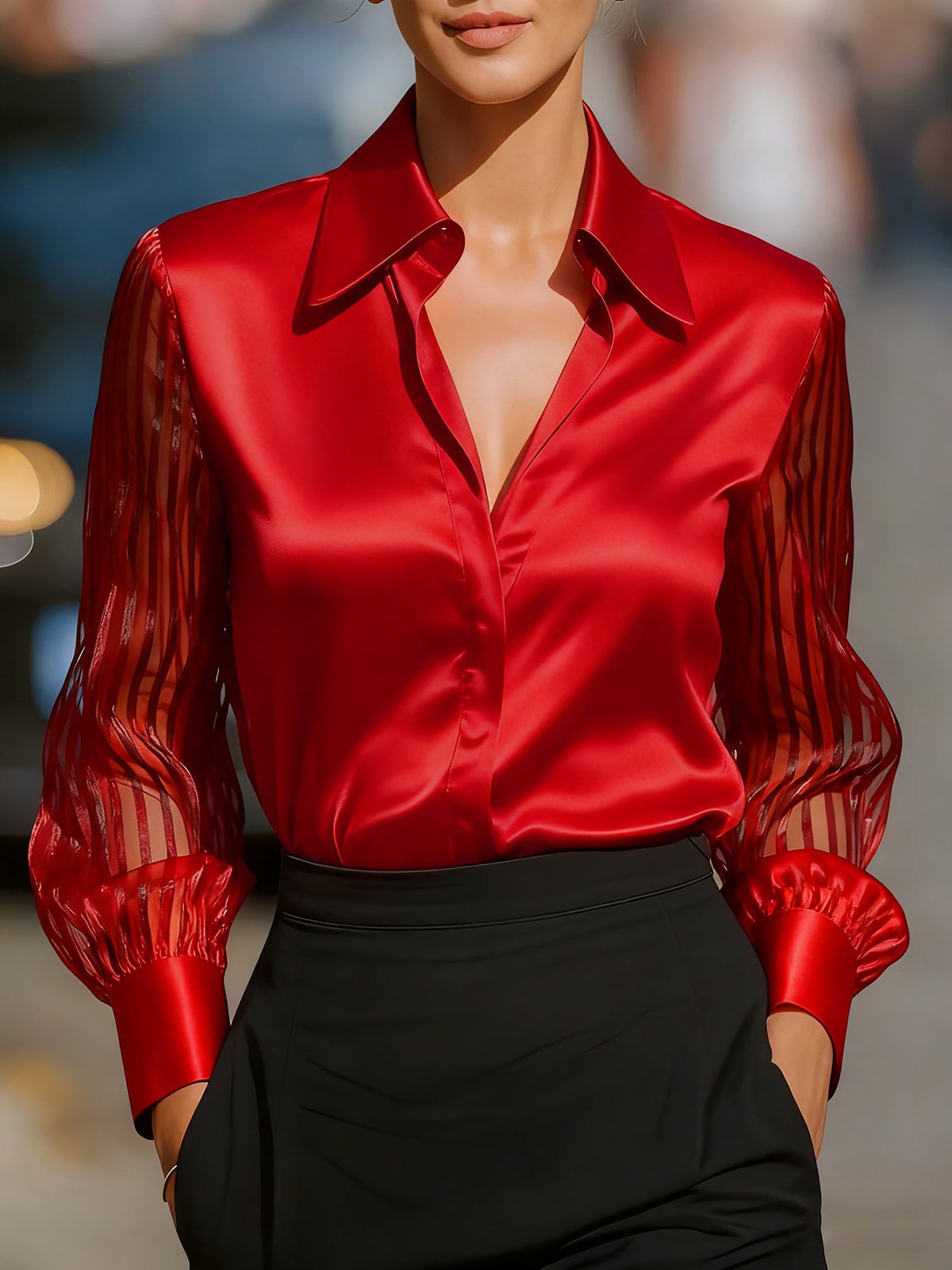 Collared Satin Sheer Long Sleeves Work Blouse