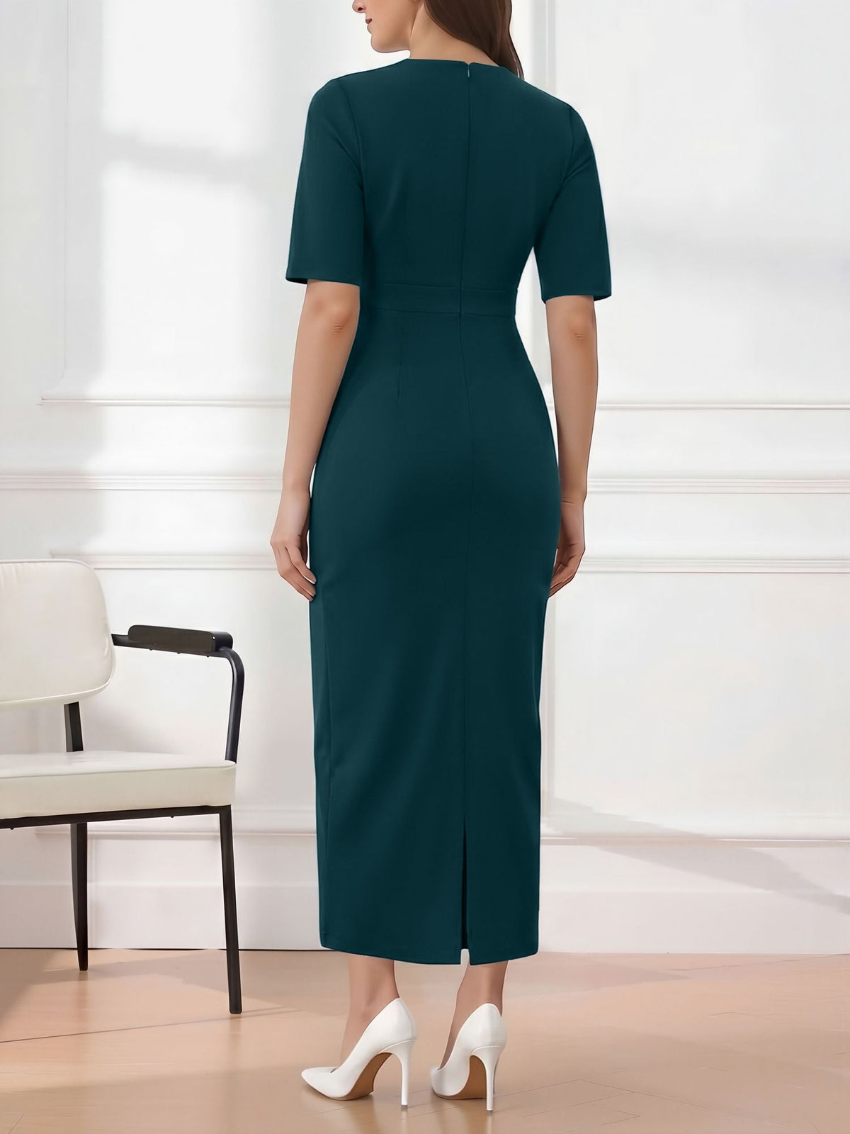 Round Neck Mid Sleeves 3D Flower Midi Sheath Dress