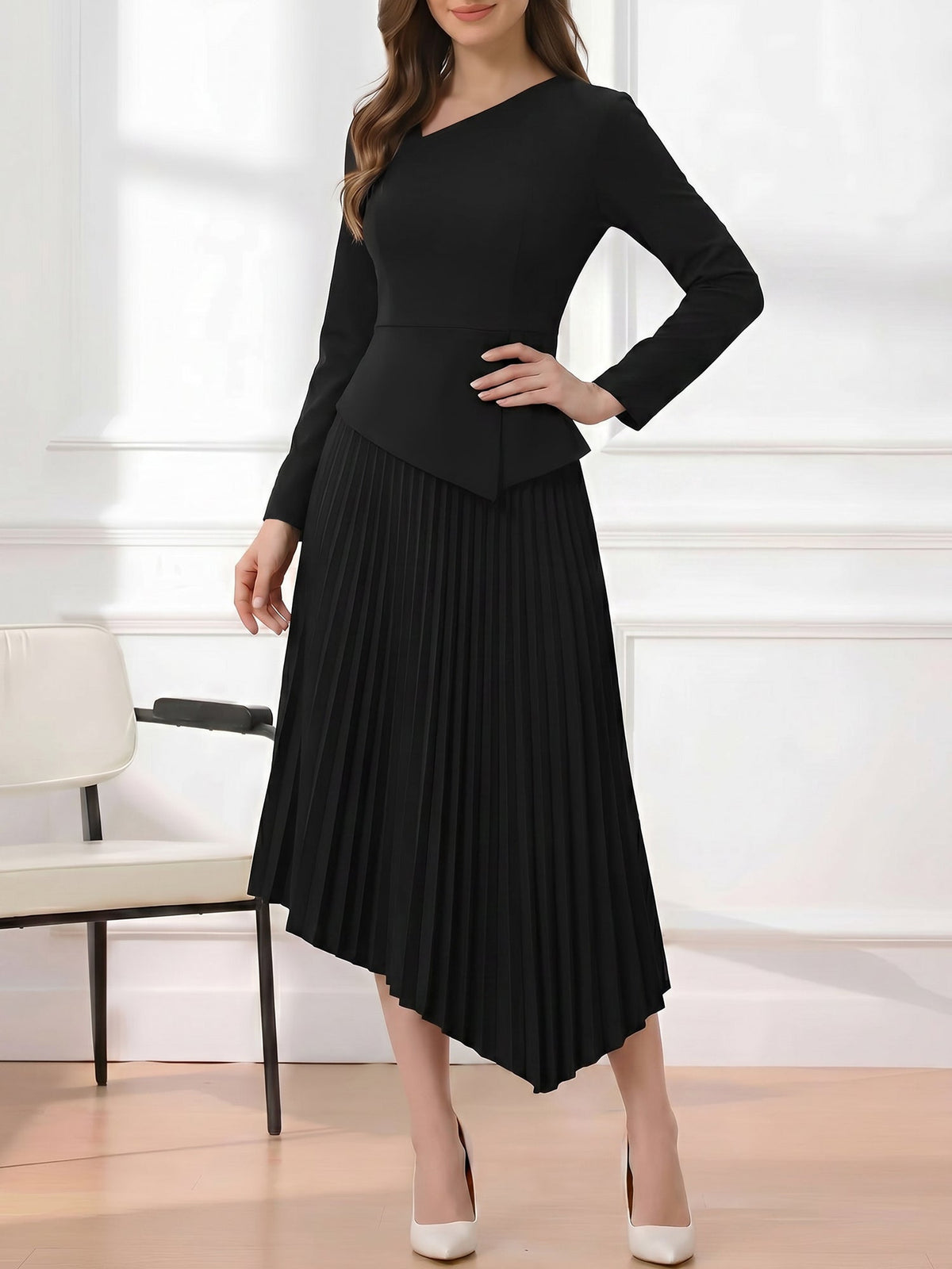 Irregular Hem Solid Color Pleated Long Sleeves Dress