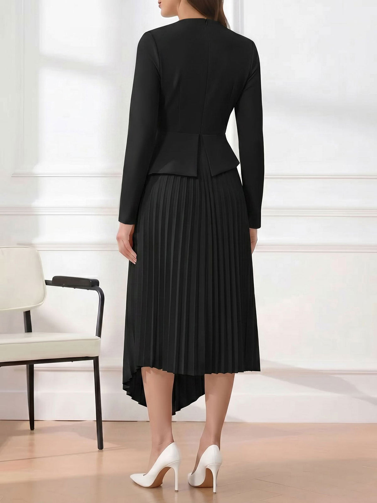 Irregular Hem Solid Color Pleated Long Sleeves Dress