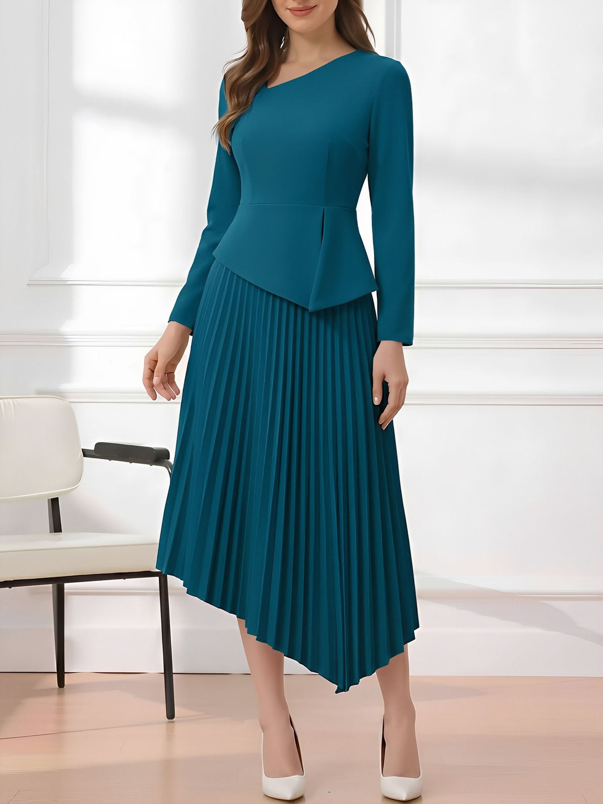 Irregular Hem Solid Color Pleated Long Sleeves Dress