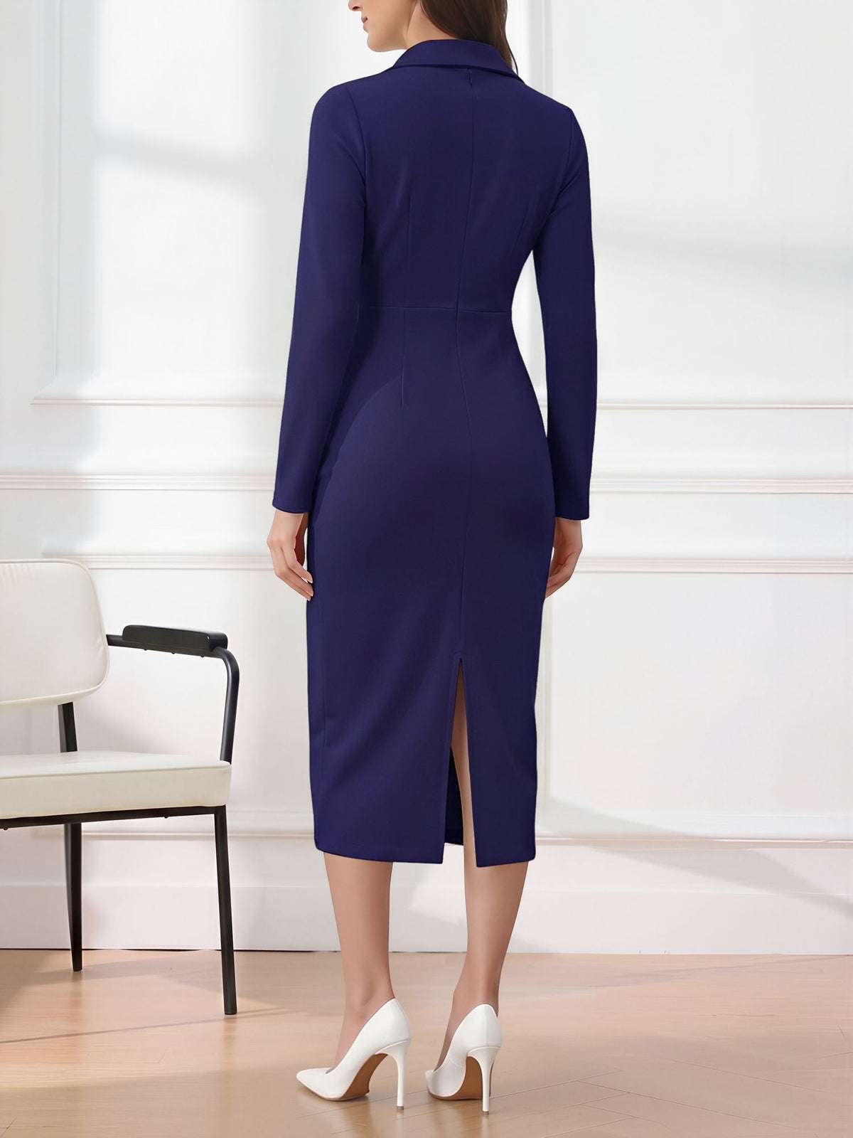 Notch Lapel Long Sleeves Button Midi Sheath Dress