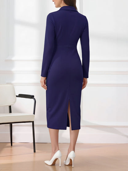 Notch Lapel Long Sleeves Button Midi Sheath Dress