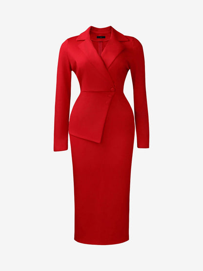 Notch Lapel Long Sleeves Button Midi Sheath Dress
