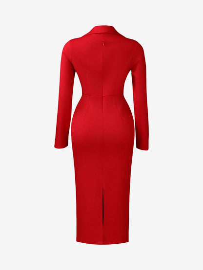 Notch Lapel Long Sleeves Button Midi Sheath Dress