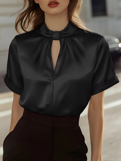 Satin Short Sleeve Keyhole Solid Color Blouse