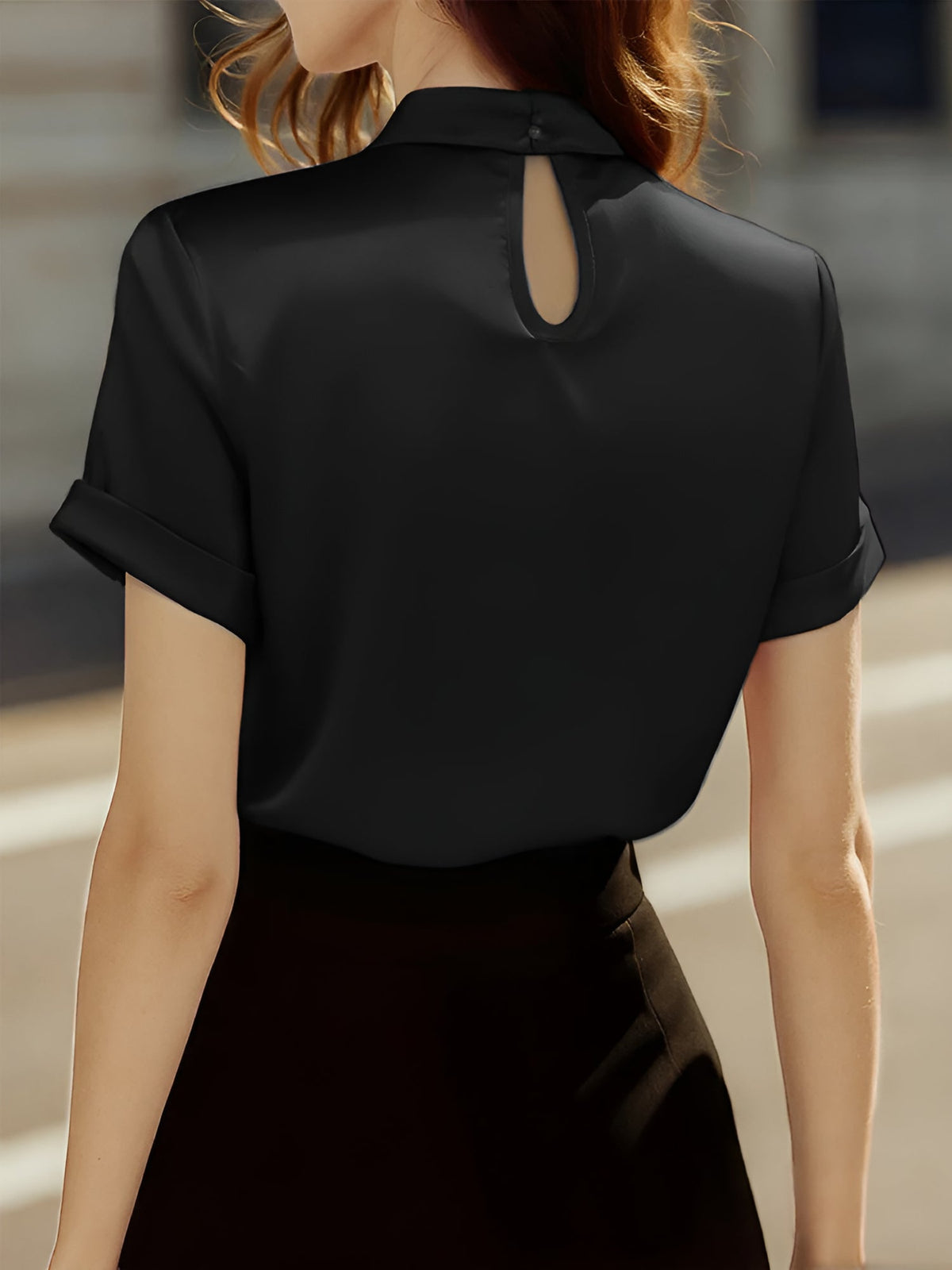 Satin Short Sleeve Keyhole Solid Color Blouse