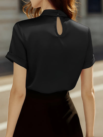 Satin Short Sleeve Keyhole Solid Color Blouse
