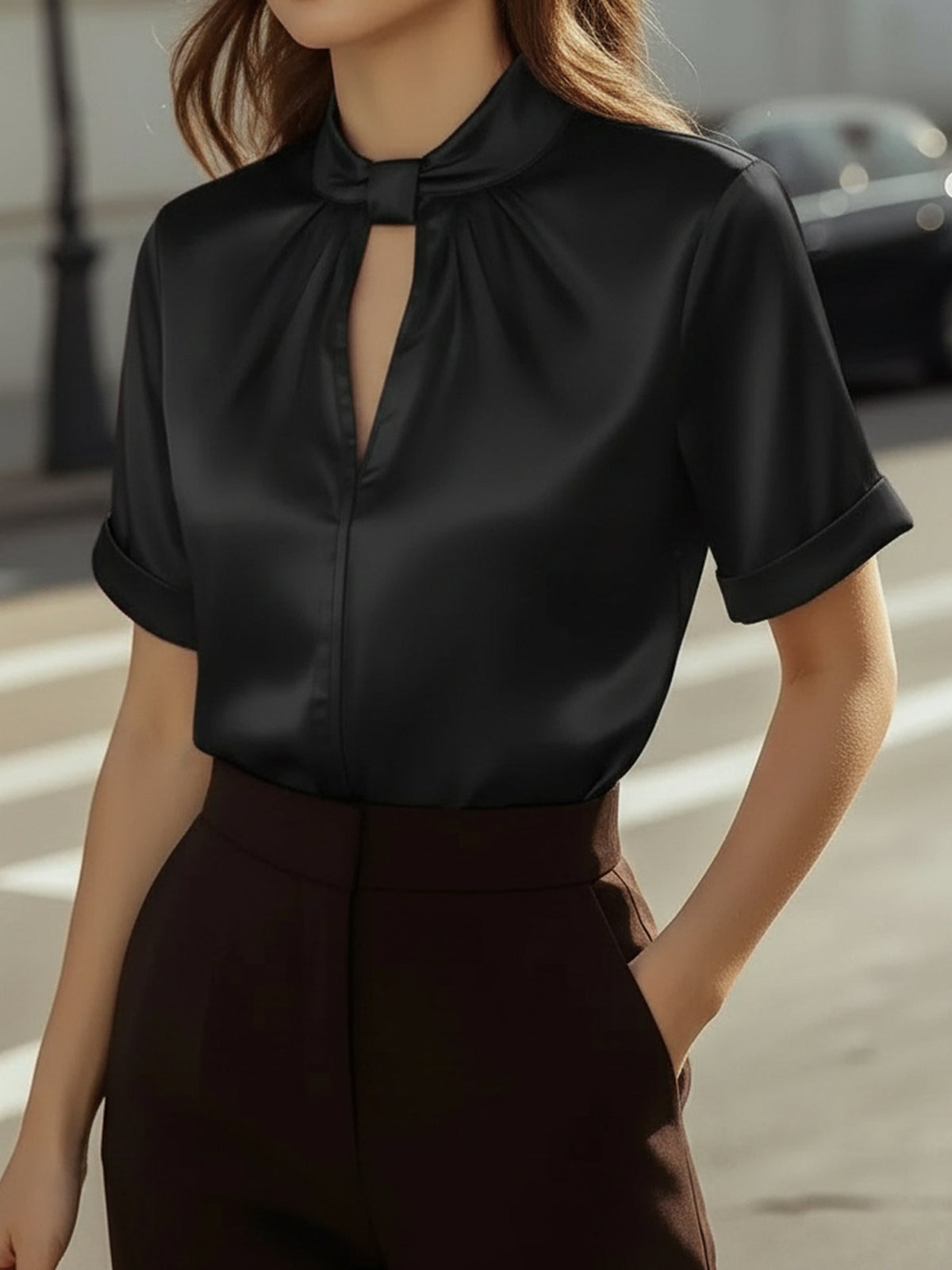 Satin Short Sleeve Keyhole Solid Color Blouse
