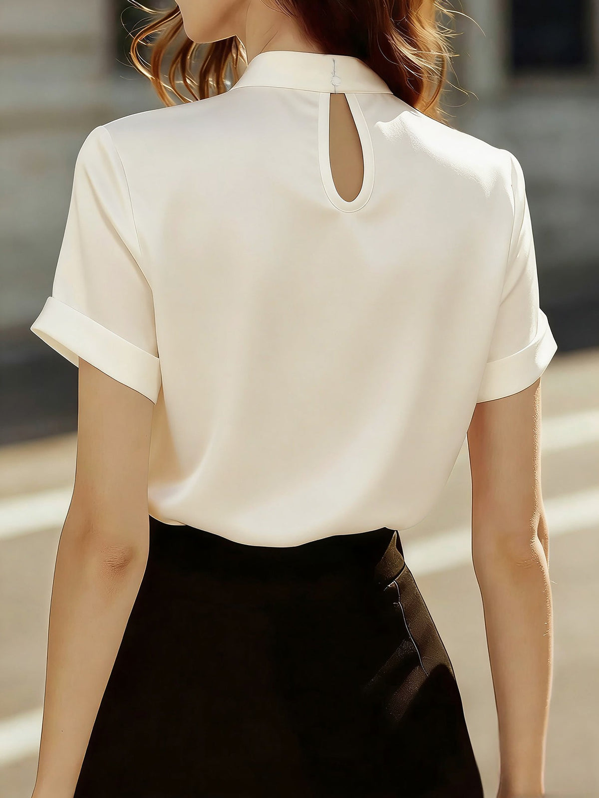 Satin Short Sleeve Keyhole Solid Color Blouse