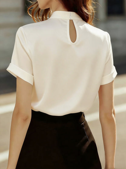 Satin Short Sleeve Keyhole Solid Color Blouse