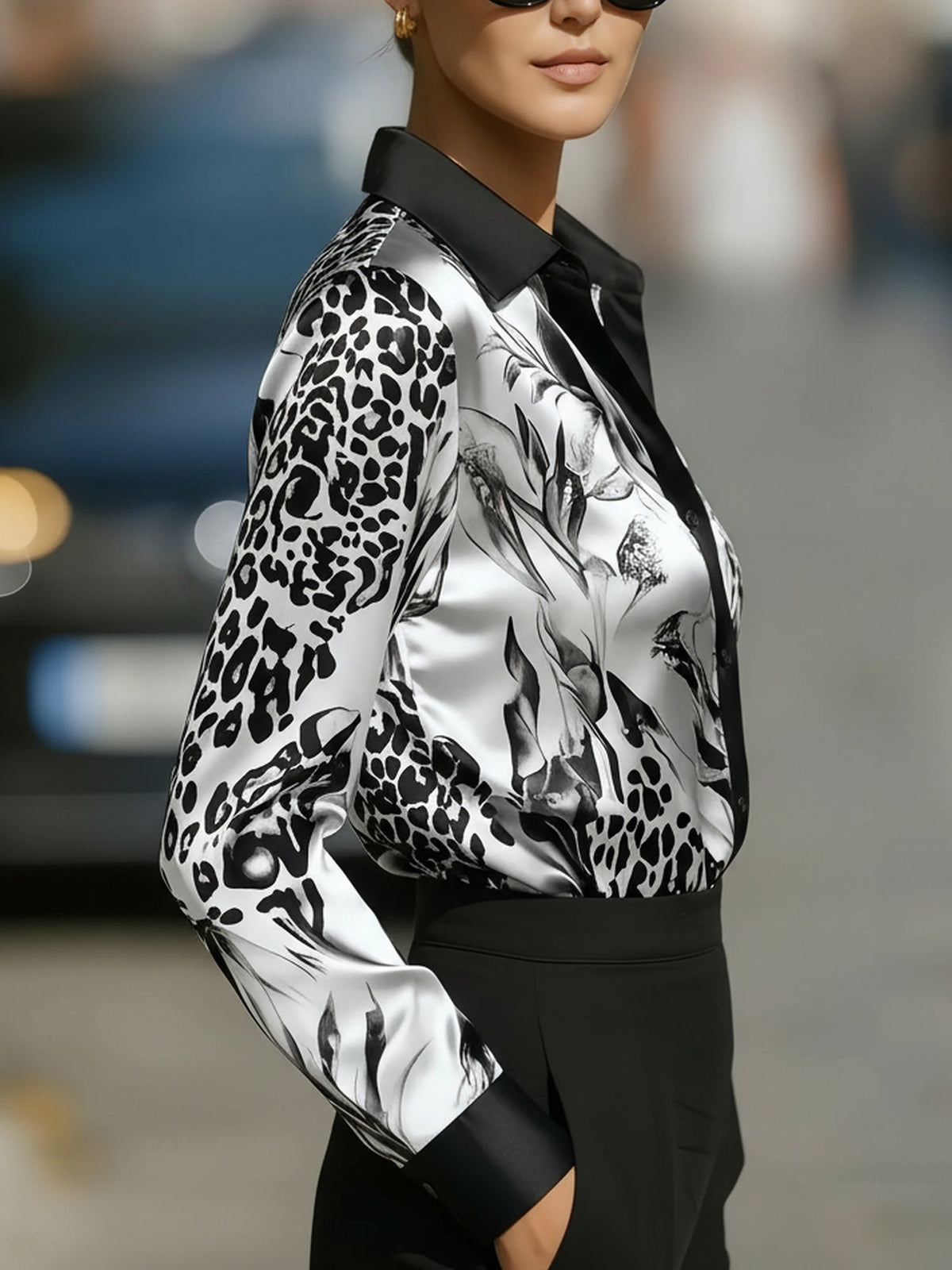 Colorblock Satin Leopard Printed Long Sleeves Blouse