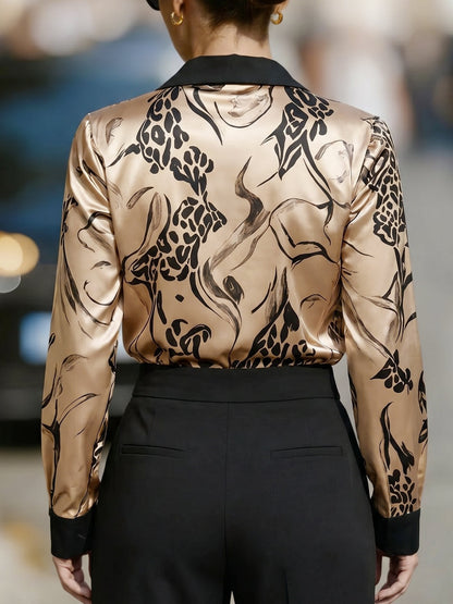 Colorblock Satin Leopard Printed Long Sleeves Blouse
