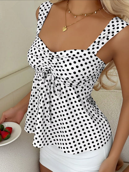 Cute Polka Dot Drawstring Sweetheart Neck Ruched Top
