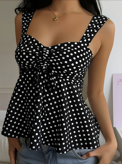 Cute Polka Dot Drawstring Sweetheart Neck Ruched Top