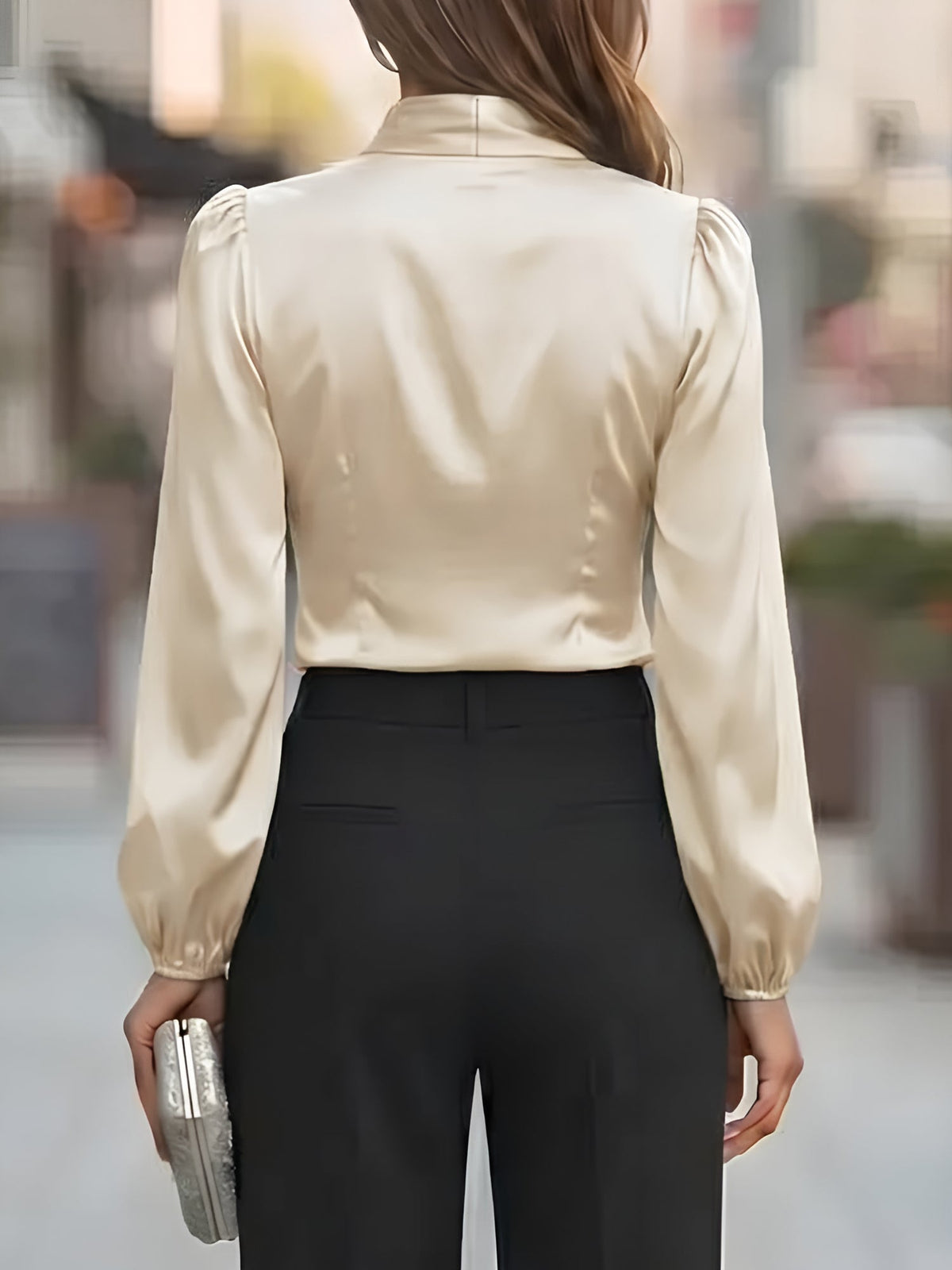 V Neck Satin Tie Front Puff Long Sleeve Blouse