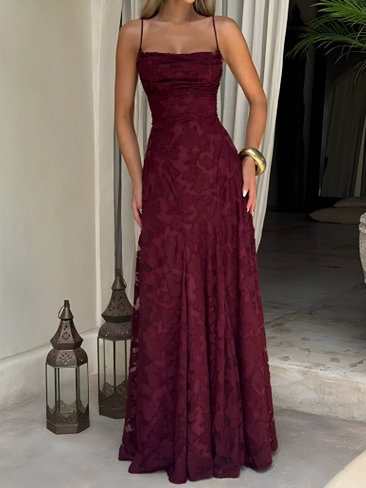 Spaghetti Straps Textured Backless A-line Maxi Dress