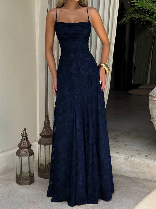 Spaghetti Straps Textured Backless A-line Maxi Dress