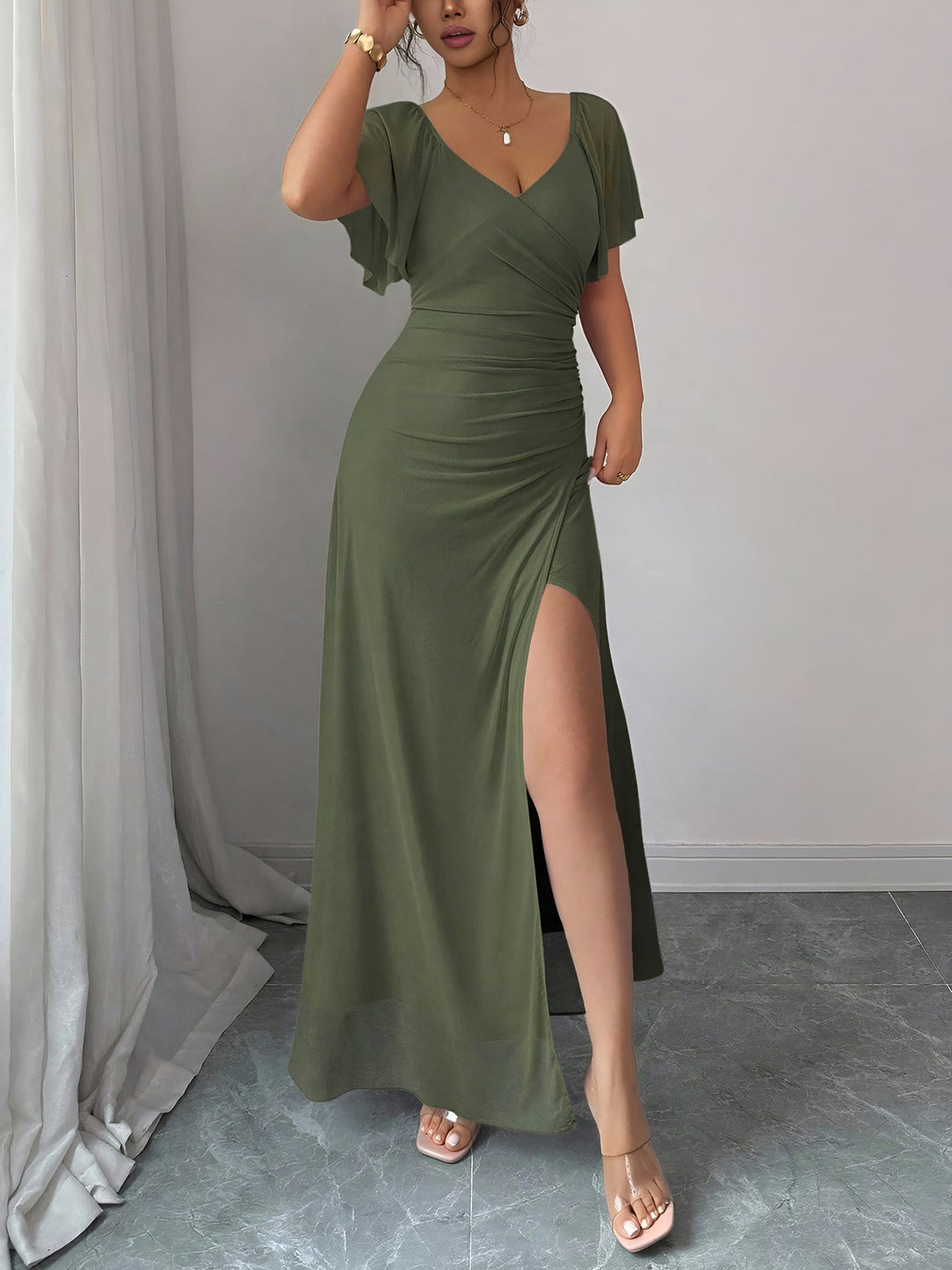 Mesh Panel V-Neck Flare Short Sleeve Slit Dress